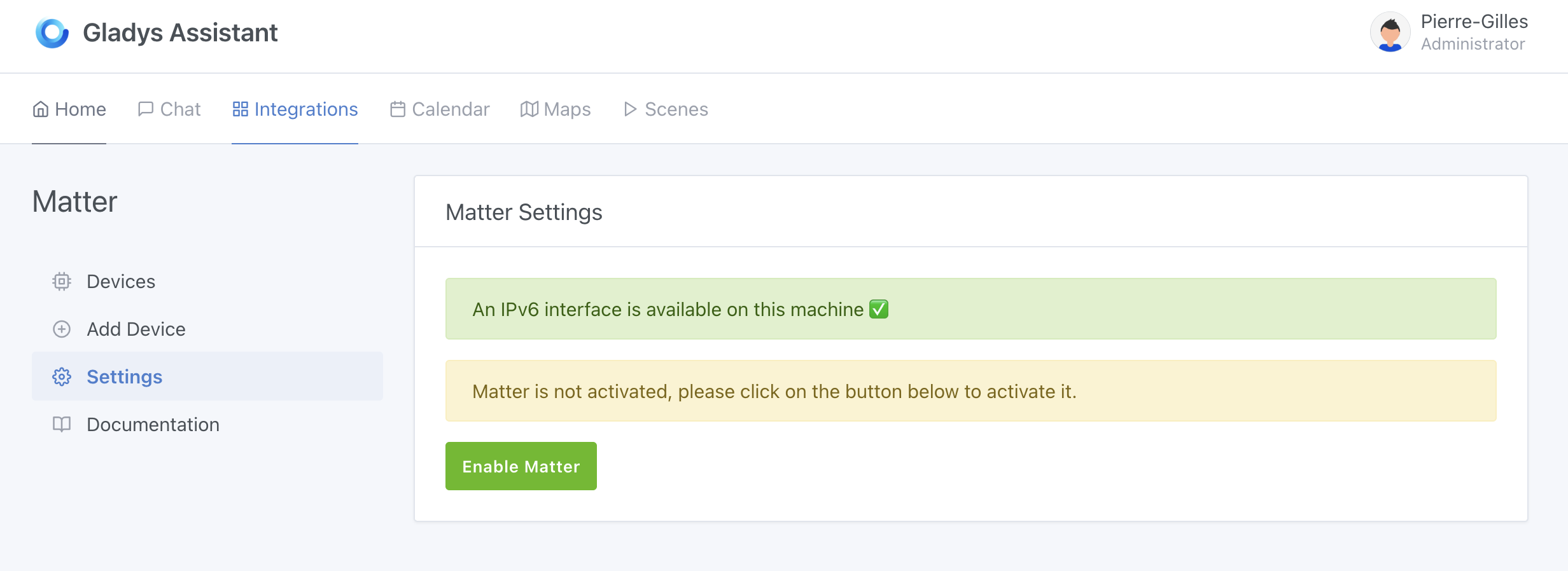 Gladys enable Matter