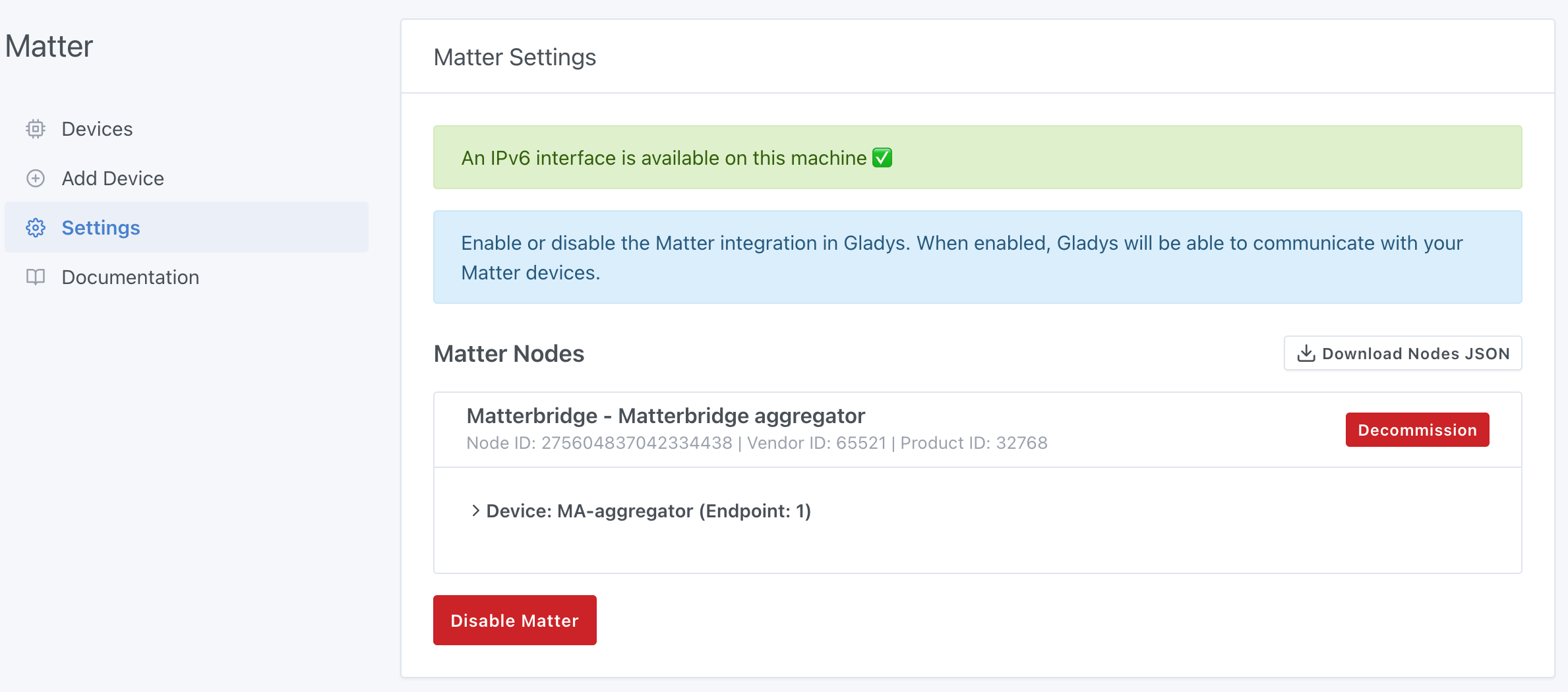 Gladys list Matter nodes
