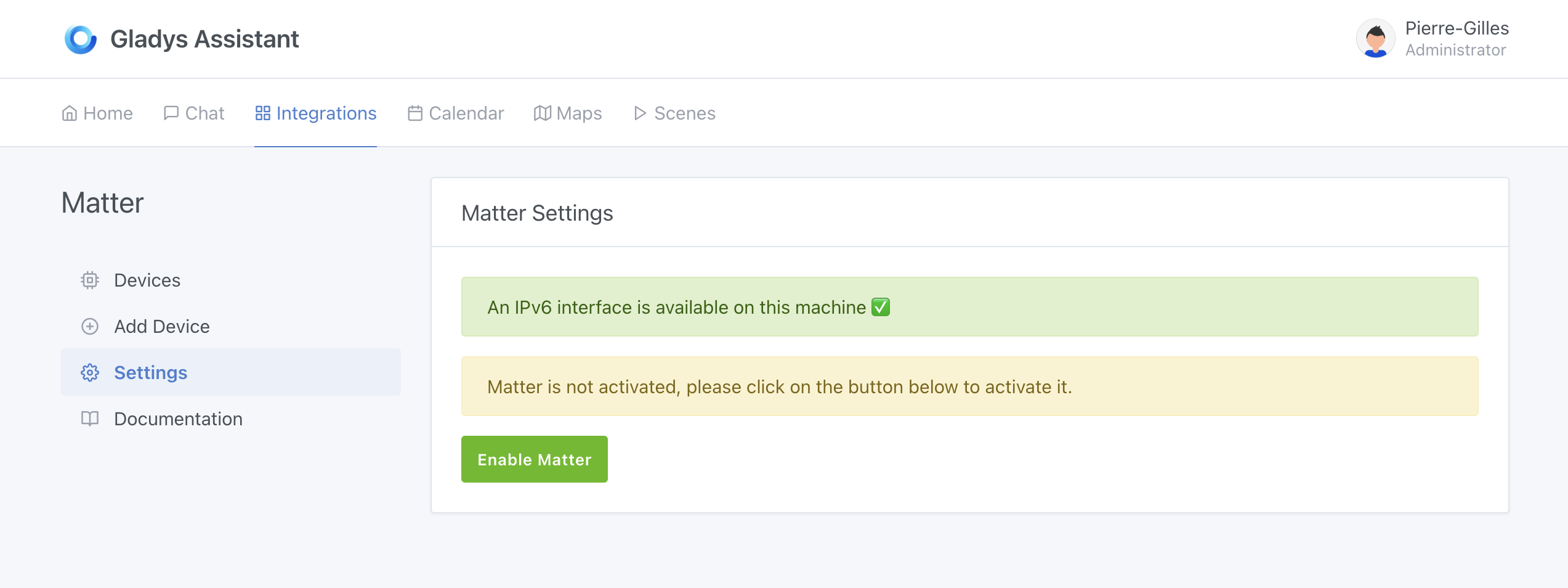 Enable Matter in Gladys settings
