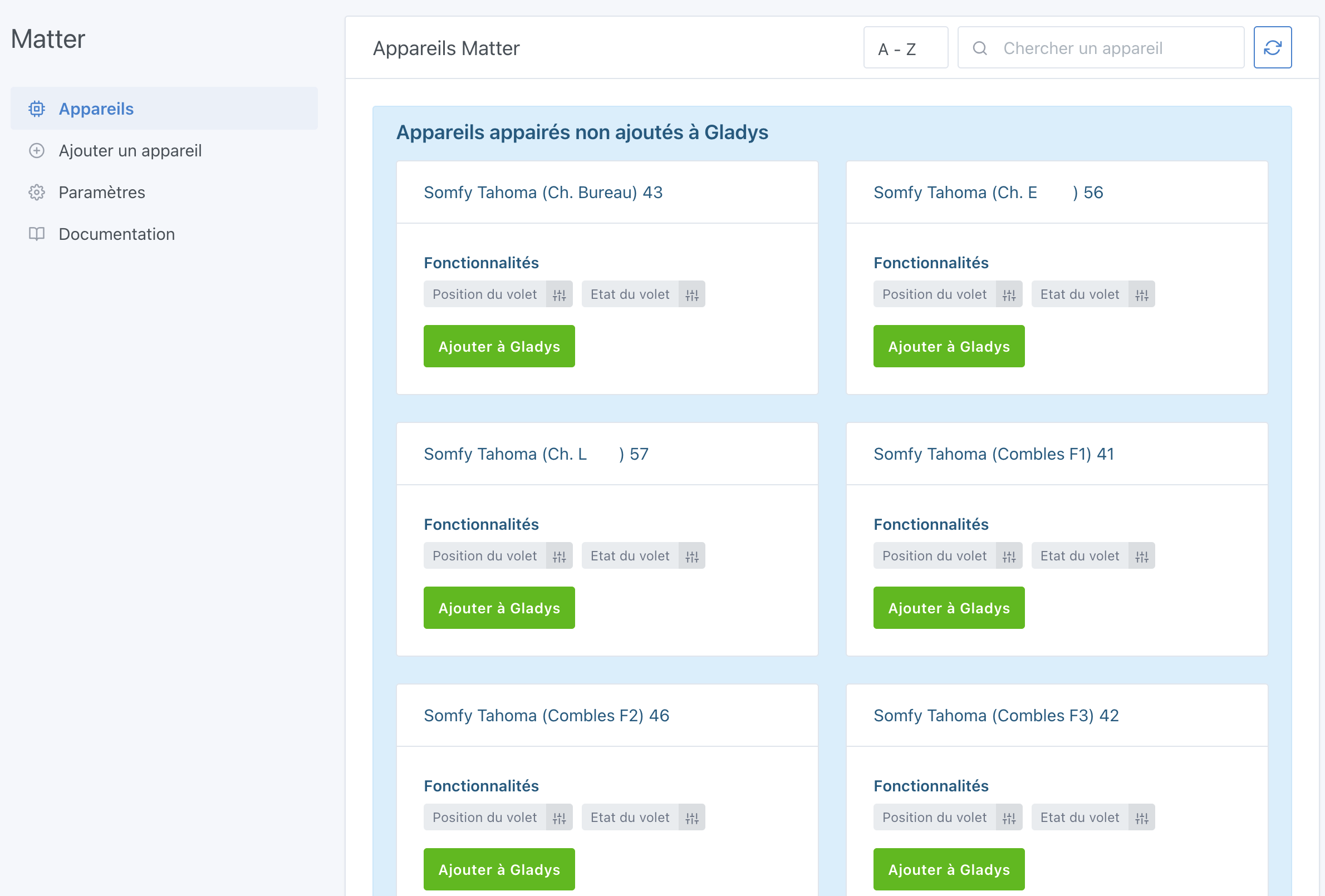 Gladys list Matter devices