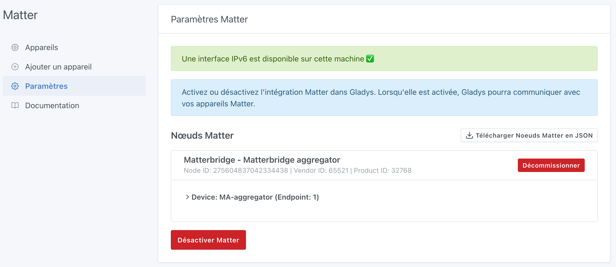 Gladys list Matter nodes