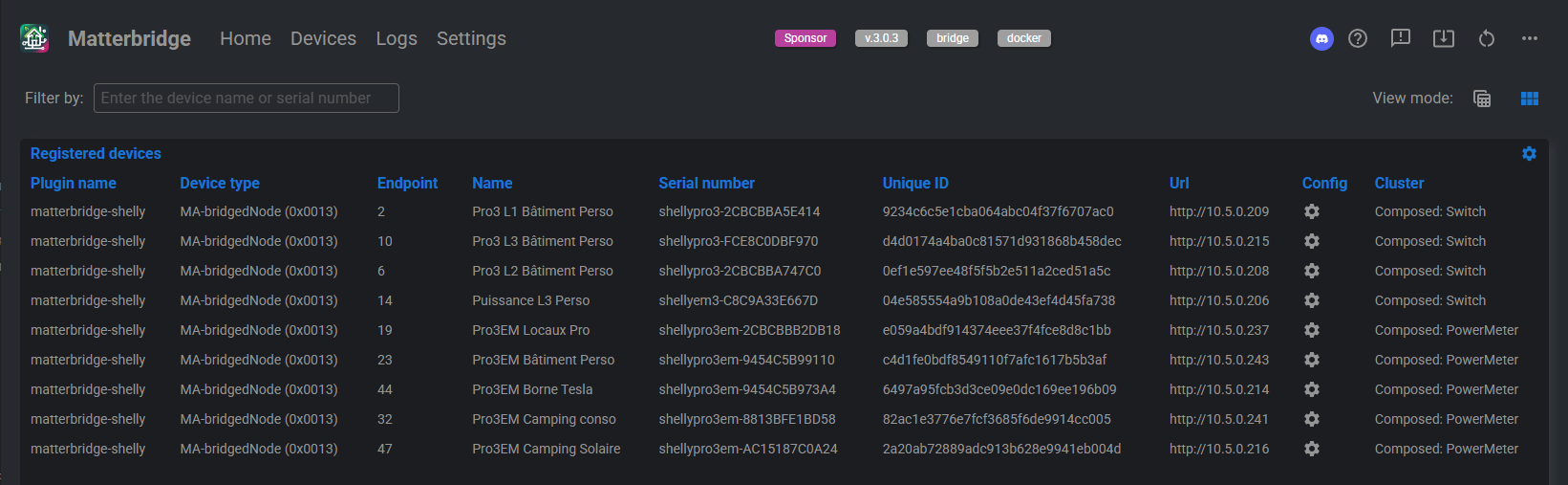 Liste des appareils Shelly