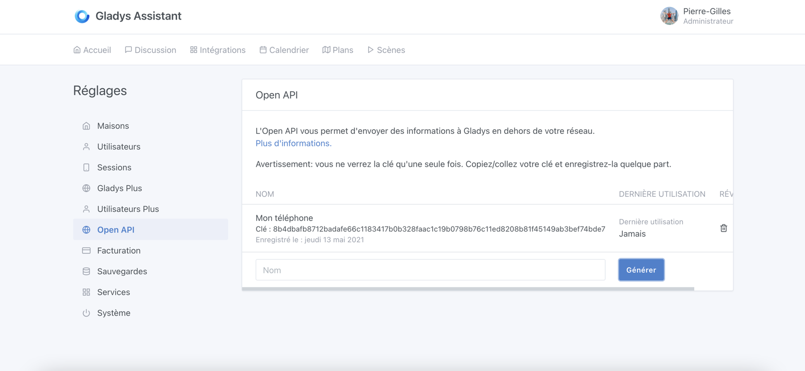 Créer une clé d'API Gladys Plus